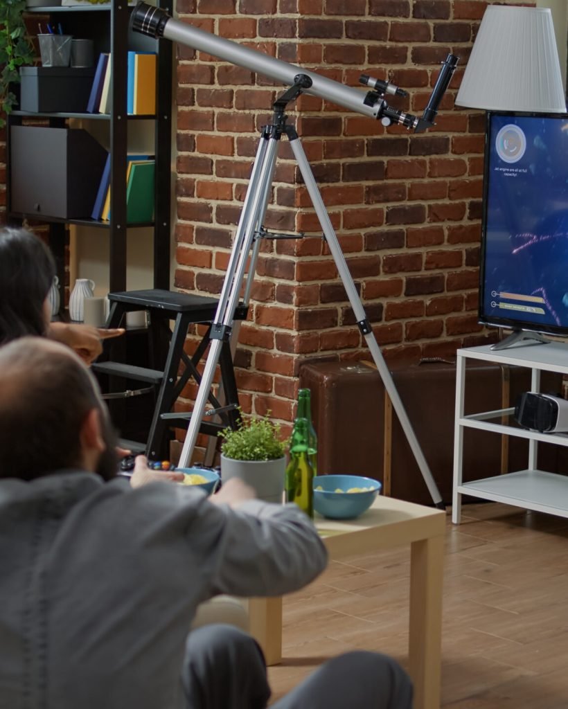 Diverse group of friends playing video games on game console, having fun together with shooter competition. People enjoying cyberspace action challenge on TV screen for entertainment.
