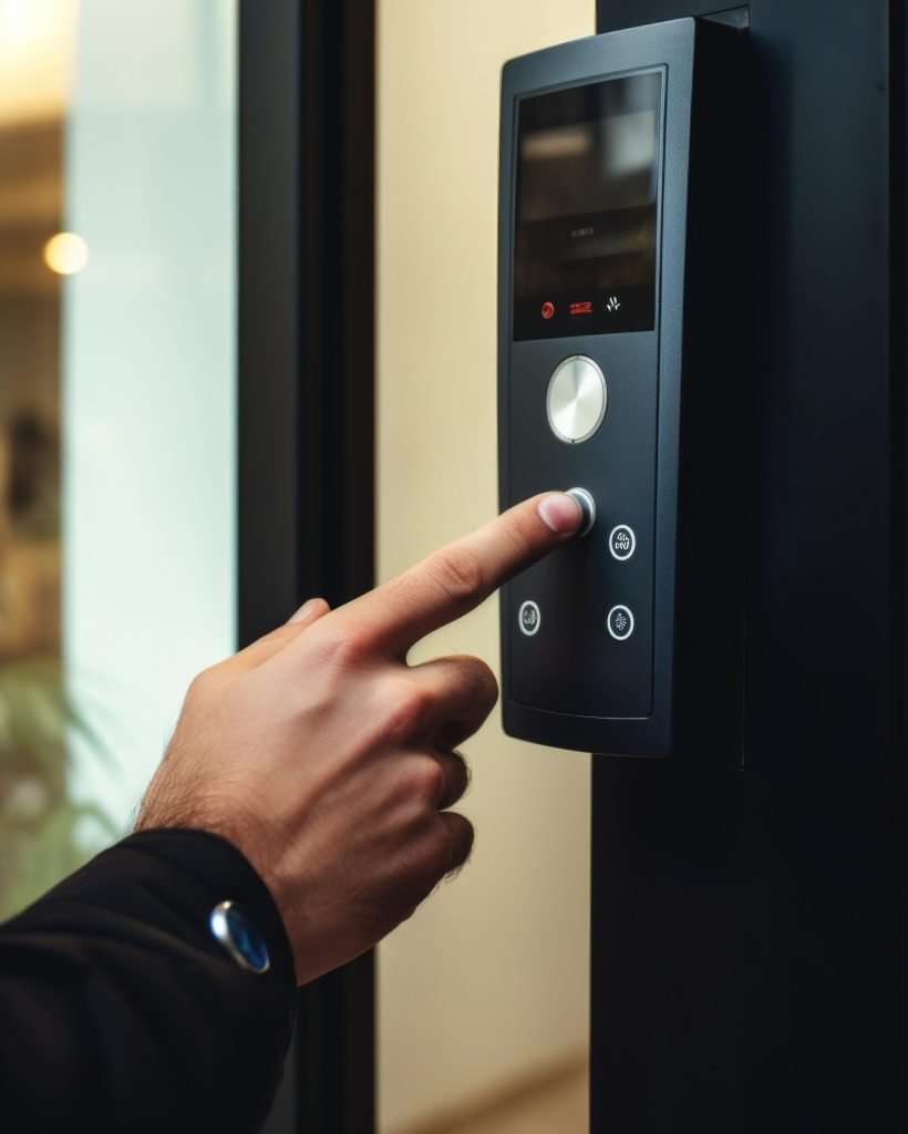A person pressing a button on a door, suitable for technology and security concepts.