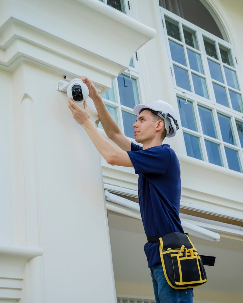 A technician installs a CCTV camera on the facade of a residential building