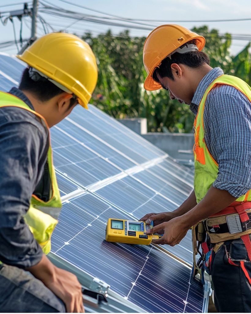 Workers use Multimeter to measure the voltage of electrical wires produced from solar energy for confirm to systems working normal --v 6.1 Job ID: bc8774f0-e15b-49be-b790-b12ffc2d8a0c
